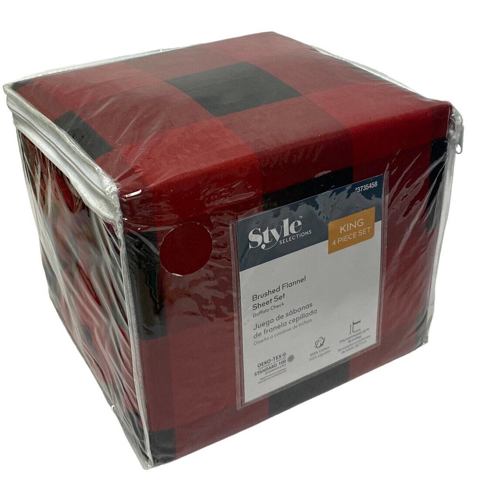 Style Selections Flannel King 4 Piece Sheet Set Buffalo Plaid Check Red & Black